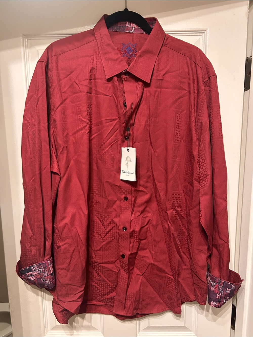 Robert Graham Shirt 2XL NWT Men Red Jacquard Textured Contrast Cuff Long Sleeve